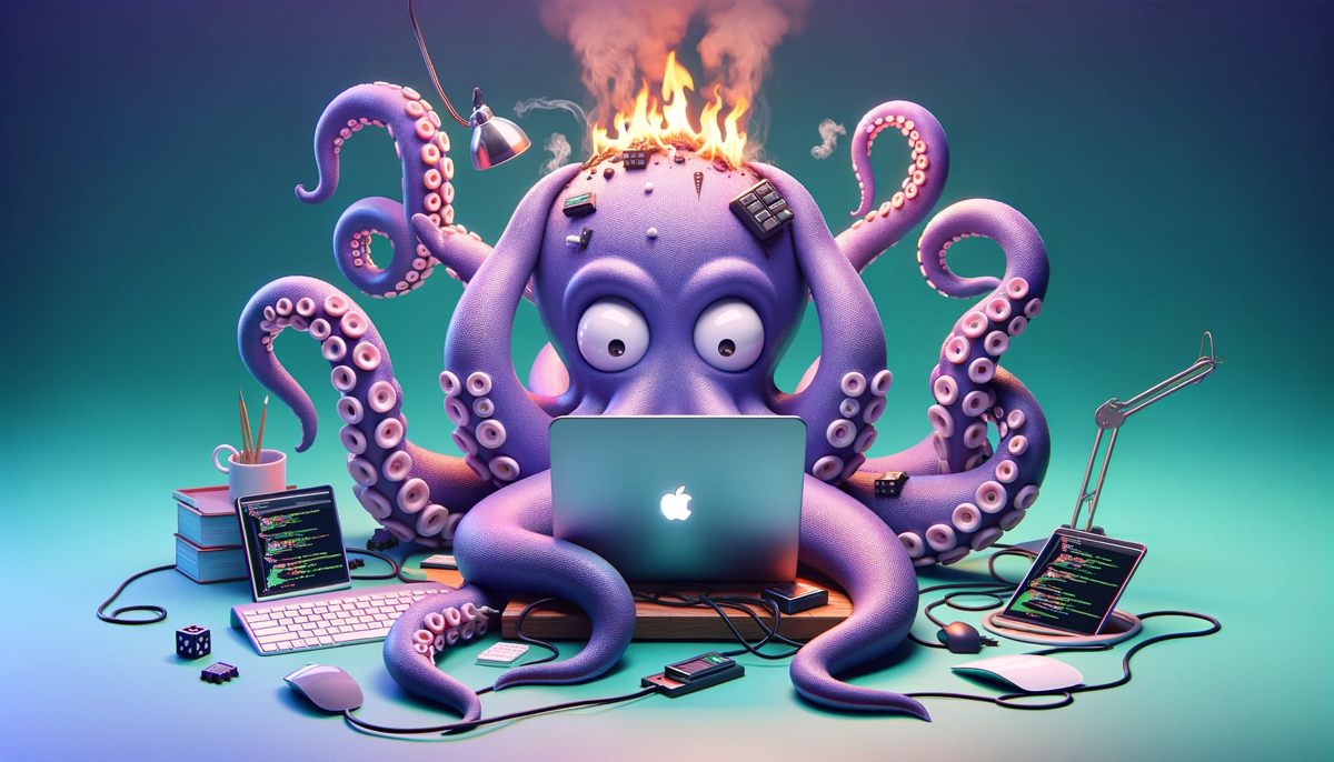 Burning octopus at computer illustration