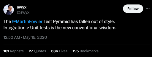 Swyx tweet on integration testing